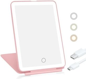 LIWEGHT Travel Vanity Mirror, Rechargeable Lighted Beauty Mirror with 72 Led Lights, 3 Color Lighting, Dimmable Touch Screen, Tabletop LED Folding Cosmetic Mirror, Pink