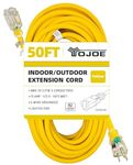 YOJOE 50 Foot Lighted Outdoor Extension Cord - 10/3 SJTW Heavy Duty Yellow Extension Cable with 3 Prong Grounded Plug for Safety, UL Listed