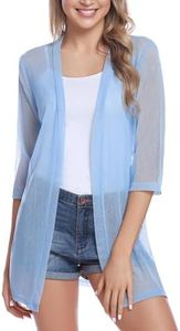 iClosam Women Casual 3/4 Sleeve Sheer Open Front Cardigan Sweater (Light Blue, Small)