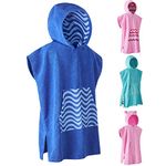 DiaryLook Kids Swimming Changing Robe with Hood, Beach Poncho Towel with Pockets Boys & Girls Quick Dry, Bath Robe Surfing Watersport Blue Stripes 10-13 Years