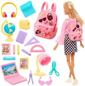 Joyfun 19 Pcs Girl Doll School Accessories Mini Doll Backpack Mini Desk Lamp Laptop Mini Globe Glasses and Headset for 11.5 Inch Doll School Playset