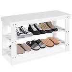 CASART Shoe Bench, 3-Tier Shoes Racks Bamboo Storage Organiser Seat, Hallway Shoes Shelf Footwear for Living Room Bedroom Entryway (White)