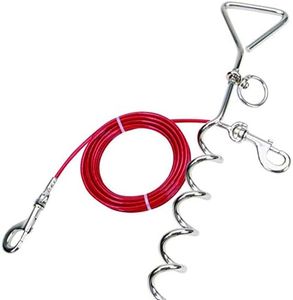 Katzco Chrome Dog Stake with Leash Lead - Red, 25 Foot Cable with 80 Lb Pull Strength - Heavy-Duty Outdoor Tie-Out - for Large, Medium, and Small Dogs, Backyard Summer Play Boundary, Fencing