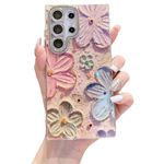 Elzzi Compatible with Samsung S24 Ultra Case Laser Flower Oil Painting Cute Colorful Blue Ray Bumper with Full Camera Protection Shockproof PC+TPU Glossy Shiny Cover for Girls Women,Pink