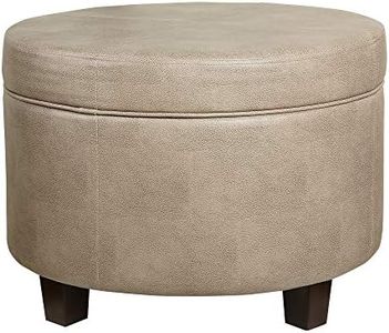 Homepop Home Decor | Upholstered Faux Leather Round Storage Ottoman | Ottoman with Storage for Living Room & Bedroom, Taupe Brown