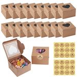 JOYSKY 18 Pcs Brown Cupcake Boxes Paper Cake Box Bakery Pastry Boxes with Windows and 24 Stickers Kraft Candy Boxes for Cupcakes Desserts Pastries Cookies Small Cakes Candy Pies & Gifts