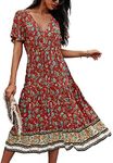 TEMOFON Women's Dresses Summer Bohemian Casual Short Sleeve Floral Print Maxi Dress S-2XL, Dark Red33, X-Large