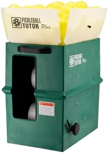 Pickleball Tutor Plus. Ball Machine. Variable TOPSPIN and Backspin. Speed 10-65 MPH. Random Oscillator. Made in USA by #1 Pickleball Machine Company.