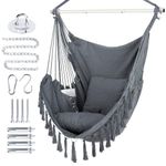 WBHome Extra Large Hammock Chair Swing with Hardware Kit, Hanging Macrame Chair Cotton Canvas, Include Carry Bag & Two Soft Seat Cushions, for Bedroom Indoor Outdoor, Max. Weight 330 Lbs (Grey)