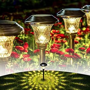 GIGALUMI 8 Pack Solar Pathway Lights, Solar Garden Lights Outdoor Warm White, Waterproof Led Path Lights for Yard, Patio, Landscape, Walkway (Stainless Steel)