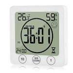 JLENOVEG Digital Bathroom Shower Timer Kitchen Wall Clock with Alarm Waterproof Touch Screen Timer Indoor Thermometer Hygrometer with Suction Cup Hanging Hall Shelf Stand