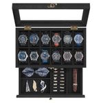 SONGMICS Watch Box with 12 Slots, 2-Tier Wood Watch Case with Large Glass Lid, Watch Pillows, Velvet Lining, Jewellery Box, Gift for Loved Ones, Ink Black JOW012B02