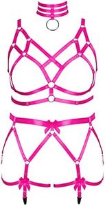 BANSSGOTH Women Plus Size Full Body Garter Belt Harness Punk Crop Cage Suspender Adjustable Gothic Hollow Out Bra, Rose Red, 50 Plus