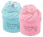 Basywiim 2 Pack Cloud Slime Kit, Blue and Pink Cloud Slime, with pink leaves and coffee cup Cute Charms, Educational Stress Relief Toys for Girls Boys Kids, Party DIY Toy, Birthday Gift