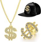 MTLEE 3 Pcs 80s 90s Hip Hop Costume Kit Halloween Rapper Outfits Accessories Dollar Sign Necklace Dollar Ring Hat for Men Halloween Party Cosplay(Black), 70 cm/ 27.5 inch, Plastic Metal