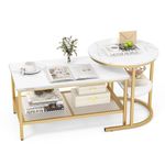 COSTWAY Nesting Coffee Tables Set of 2, Faux Marble Stacking Sofa Side End Table with Storage Shelf, 2-Tier Metal Frame Accent Center Tea Tables for Living Room Bedroom Office (Golden+White)