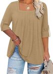 KARALIN Womens Plus Size Tops Tunic 3/4 Sleeve Square Neck Shirts Casual Soft Blouse 2XL Khaki