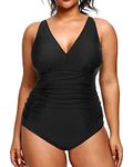 Aqua Eve Women Plus Size One Piece Swimsuits V Neck Tummy Control Bathing Suits Retro Ruched Swimwear Black 14 Plus