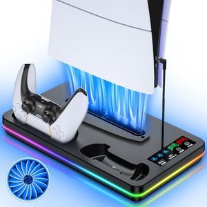 PS5/PS5 Slim Stand and Cooling Station with Controller Charging Station for PlayStation 5 Slim&Standard Disc/Digital Console,10 RGB Light PS5 Cooler Accessories Incl 3 Levels Cooling Fan, Black