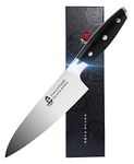 TUO Chef Knife -Professional Kitchen Chefs Knife Cooking Knife Gyuto Knives 7 Inch,Razor Sharp German HC Steel Japanese Chef Knife with Ergonomic Pakkawood Handle - Black Hawk Series in Gift Box