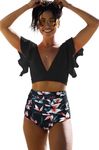 Sporlike Women Ruffle High Waist Swimsuit Two Pieces Push Up Tropical Print Bikini (Floral/blackD5, Medium)