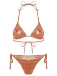 CHICTRY Women Liquid Metallic Bikini 2 Pieces Swimsuit Set Lace-Up Halter Bra Top with Thong Set Champagne M