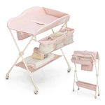 COSTWAY Folding Baby Changing Table, Adjustable Infant Care Station with Water Basin, Storage Shelf, 4 Wheels Newborn Massage Tables Diaper Organizer (Pink)