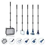 6 in 1 Aquarium Glass Tank Cleaning kit, Spoon Net, Gravel Rake, Plant Fork, Scraper, Sponge, Connector, Fish Net Tool Set, for Domestic Fish Tank Maintenance