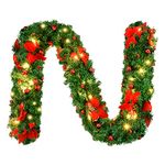 9FT Christmas Garland Decorations, 2.7M Wreath Garlands Decorations Xmas for Fireplaces Stairs, Christmas Garlands with Lights, Red Flower and Red Ball, Holiday, Wedding Party Decoration