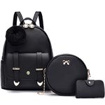 I IHAYNER Mini Backpack Purse for Teen Girls 3-PCS Fashion Backpack Cute Travel Daypacks Women Pompom Backpack Shoulder Bag, Black, Daypack Backpacks