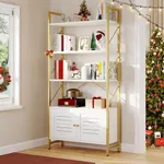 YITAHOME Bookshelf and Bookcase with Storage Cabinet, Standing 5 Tiers Book Shelves Display Rack with Doors for Bedroom Living Room Office,White&Gold