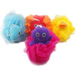 Loofah Exfoliating Shower Stuffed Sponge Pouf Mesh Brush With Animal Toys - Bath Spa Puff Scrubber Ball - Body poof Cleaner For Children Kids - Rich Foams Bubble（4.7" each） Pack of 4