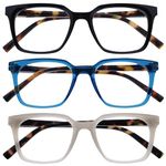 OPULIZE KOI Reading Glasses 3 Pack - Large Rectangular Frame - Black-Blue-Grey - Mens Womens- Spring Hinges - RRR50-137 - +3.00