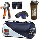 JAISBOY Combo Set Gym Bag with Gym Gloves with Wrist Support Band and Stop Black Bottle and Hand Gripper (FCB)