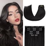 Jet Black Clip in Hair Extensions 100% Remy Human Hair Extensions Silky Straight 7pcs 16clips for Women(18 Inch #1)