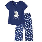 MyFav Women's Sleepwear Soft Red Wine Printed Short Sleeve Pyjama Capri Set, Blue Sheep, XXL