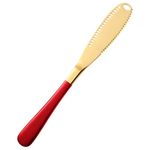 TOMATUS 1 Pcs Butter Knife, 3 in 1 Stainless Steel Spreader Serrated Edge Shredding Slots Easy to Hold for Bread Butter Cheese Jam Slicer (Gold-Red)