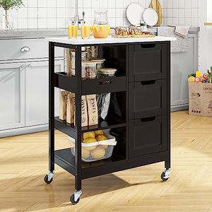 YITAHOME Small Solid Wood Top Kitchen Island Cart on Wheels with Storage, Rolling Portable Dining Room Serving Utility Carts Mobile Movable with 3 Drawers Cabinet, Dark Brown