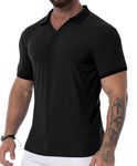 Askdeer Men's Muscle V Neck Polo Shirts Short Sleeve Slim Fit Golf Shirts Stretch Ribbed Casual Tshirt Black