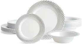 MATANA 96 Pcs White Plastic Tableware Set with Silver Border - 32 Dinner Plates, 32 Side Plates, 32 Bowls - Elegant & Reusable Dinnerware for Parties, Wedding, Birthday, Picnic