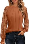 HOTOUCH Thanksgiving Lace Long Sleeve Shirts for Women Pleated Fall Tops Crew Neck Dressy Business Casual Blouses Caramel