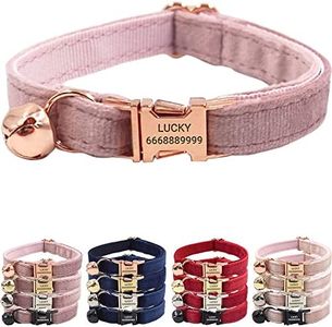 PETDURO Personalized Velvet Cat Collars with Bells & Name Engraved Metal Buckle Customized for Cute Girl Cats and Boy Cats (Small, Champagne Pink Velvet Rose Gold Buckle)