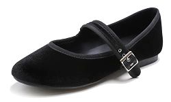 Feversole Women's Soft Cushion Extra Padded Comfort Round Toe Mary Jane Metal Buckle Fashion Ballet Flats Walking Shoes Black Velvet Size 9 M US