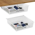 Under Desk Drawer 2 Pack White Under Table Storage Drawers Organizer Adhesive Slide Out Mesh Drawer Under Table Slide Out Hidden Drawer Metal for Home Office