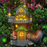 FORUP 10 Inch Fairy House Garden Statues with Boots, Fairy Garden Decor House Kit, Solar Powered Lights Garden Figurine for Outdoor Patio Lawn Yard Garden Decorations