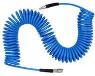 YOTOO Air Compressor Hose Polyurethane Recoil 15m Long 6mm ID x 9.5mm OD with Bend Restrictor, 1/4" Europe Quick Coupler and Plug, Blue