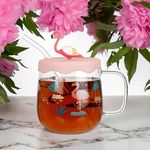 MUAC Glass Cute Printed Cup Mug with 3D Flamingo Character, Handle, Straw and Rubber Lid, Birthday Gift Mug for Kids, Youth and Adults to Drink Milk, Coffee, Smoothie, Tea, etc. 500 ML (Bird)