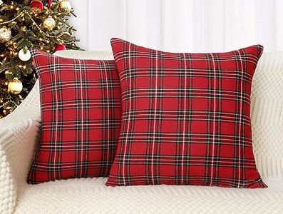 4TH Emotion Set of 2 Christmas Scottish Tartan Plaid Throw Pillow Covers Cushion Case Polyester for Farmhouse Home Decor Red and Green, 18 x 18 Inches