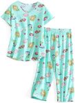 QUCH Womens Pajama Sets Plus Size Sleepwear Tops with Capri Pants Cotton Pajamas Set for Women Soft Comfy Cute Pj Sets, Green Flamingo, Large