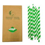 Spring Green and White Stripe Disposable Paper Straws, Christmas Green Stripe Paper Drinking Straws, 100 Pcs in Paper Box Pack